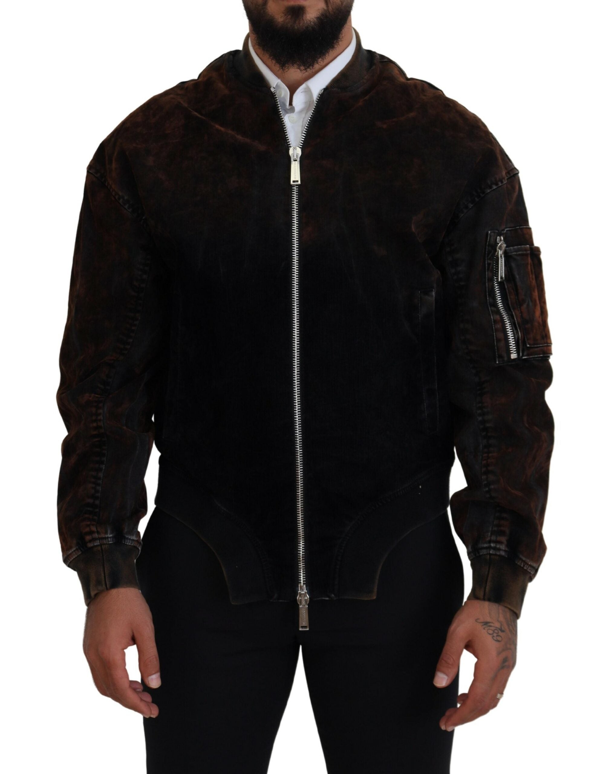 Fermuarlı cepli kollu Dsquared² kahverengi pamuklu bomber ceket